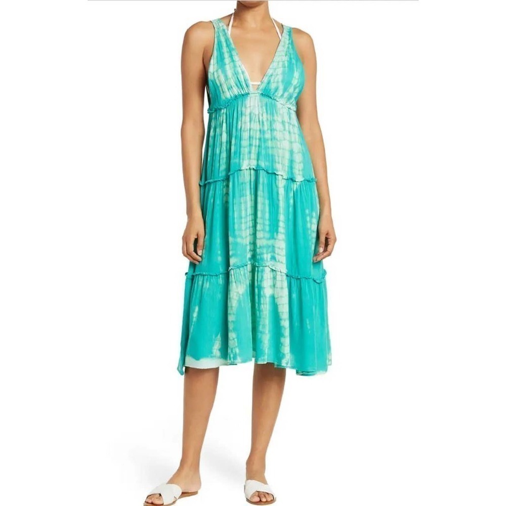 Boho Me Sleeveless V Neck Tie-Dye Midi Dress White/Green Women's Size XS NWOT